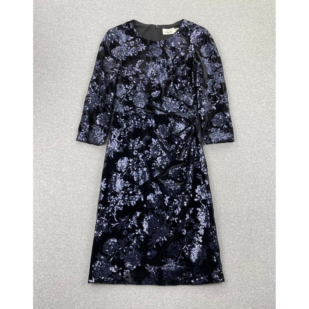 Eliza J Velvet Sequin Sheath Dress Womens 6 Deep Blue 3/4 Sleeve Evening Glam